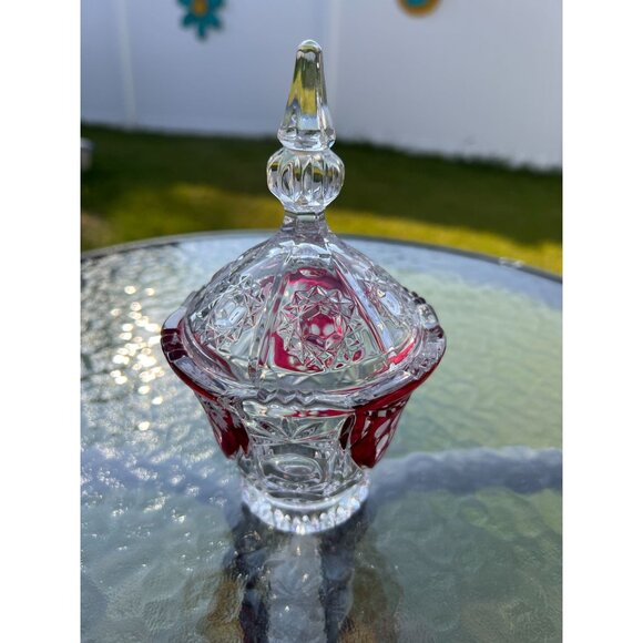 Vintage Anna Hutte Bleikristall Glass Candy Dish Jar Footed Lidded Cranberry Red - Picture 2 of 7